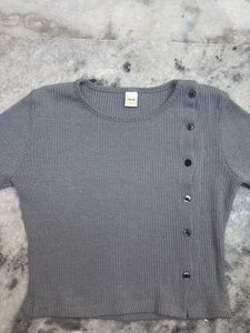 Grey Ribbed Button-Up Long Sleeve Top