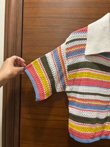 Colorful Striped Knit Collared Top