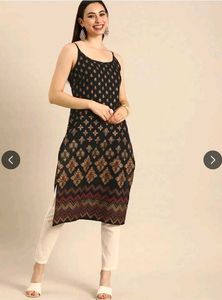 Elegant Black Tribal Print Spaghetti Strap Kurti