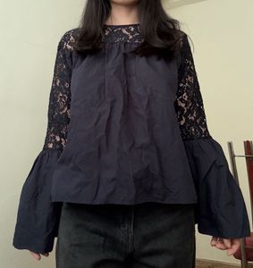 Navy Lace Sleeve Top