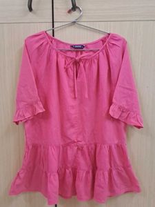 🩷Kawai Pink Tie-Neck Tunic Top