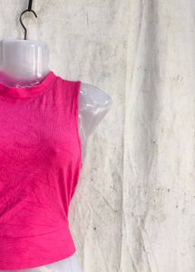 Vibrant Pink Ribbed Mock Neck Crop Top