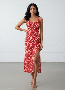 Red Floral Print Midi Dress