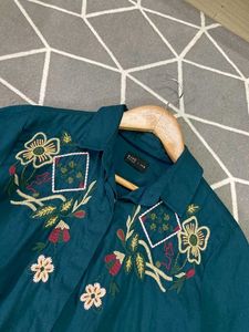 Embroidered Teal Button-Down Shirt