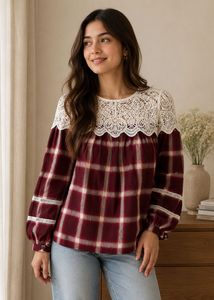 Women's Plaid Lace Neck Top