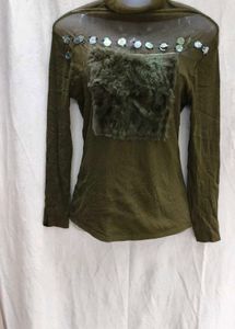 Unique Green Tunic Top with Fur Pocket