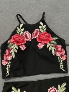 Black Flower Patch Crop Top &amp; Skirt Set