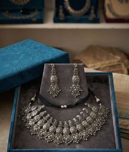 Oxidized Silver Peacock Necklace &amp; Earring Set