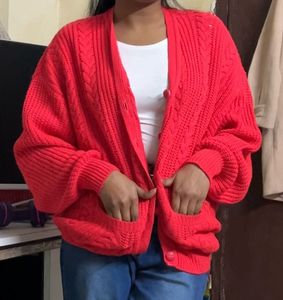 Red Cable Knit Cardigan(M)