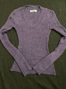 Purple Ribbed V-Neck Sweater