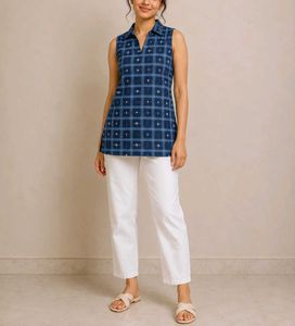 Blue Checked Sleeveless Kurta