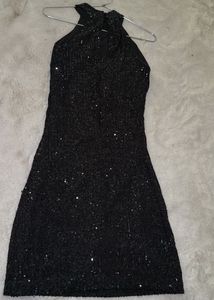 Sparkling Black Sequin Halter Dress