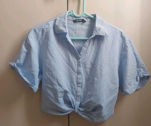Blue Tie-Front Cropped Shirt