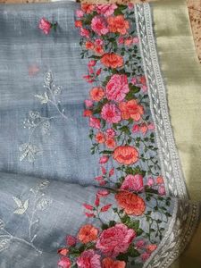 Beautifully Embroidered Grey Saree only no blouse