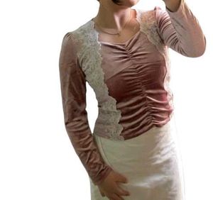 Dusty Rose Velvet &amp; Lace Long Sleeve Top