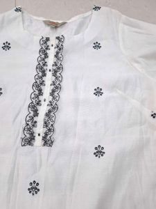 White Cotton Kurta with Black Embroidery