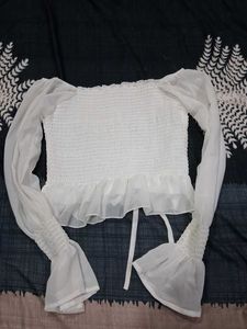 White Smocked Puff Sleeve Top