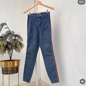 Stylish Blue Jeans with Red Side Stripe