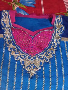 beautiful blue and pink kurta with back work and beautiful net sleeves