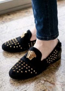 Black velvet studded loafers with gold medusa Embl