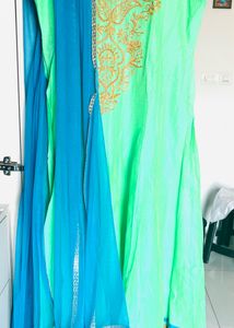 Mint Green &amp; Blue Embroidered Ethnic Gown/anarkali