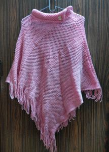 Chic Pink Knitted Poncho with Fringe