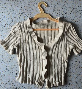 Ribbed Ruffle Trim Tie-Front Top