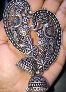 Oxidized Silver Ear Cuff Peacock Jhumka Earrings
