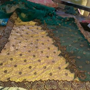 Elegant Teal Saree with Gold Blouse