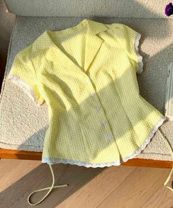 Cute Yellow Gingham Lace Trim Top