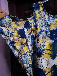 Abstract Watercolor Cold-Shoulder Pleated Top