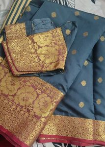 Elegant grey silk Saree with Gold Border