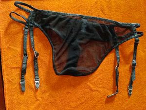 HUSTLER Black Lace/Leather Garter Belt  with thong