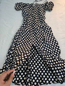 Chic Navy Polka Dot Midi Dress bust 34/36