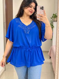 Vibrant Blue Embellished Tunic Top 2Xl-3XL