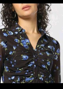 Sheer Floral Ruched Button-Up Top