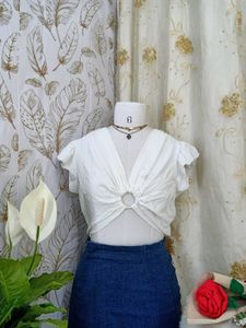 Chic White V-Neck Ring Detail Top