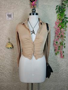 H&m Ruched Button-Up Collared Top