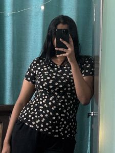 Honey Floral Print Black Top