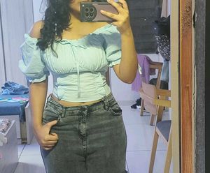 Light Blue Off-Shoulder Puff Sleeve Top