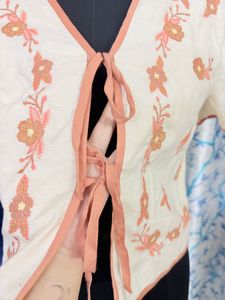 Cream Embroidered Crop Top with Front Ties