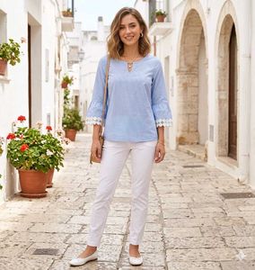 Faballey Blue Striped Bell Sleeve Top M