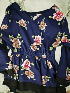 Navy Floral Print Bell Sleeve Top