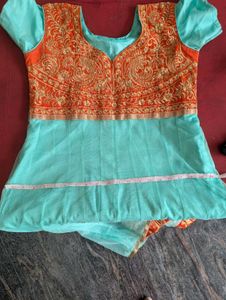 Elegant Turquoise &amp; Orange Anarkali Gown
