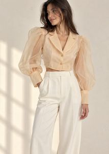 designer Sheer Puff Sleeve Cropped Blazer Top
