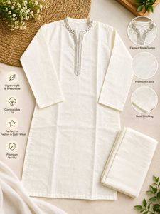 Elegant Off-White Kurta Set with Embellished Neckl