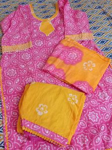 Vibrant Pink Kurta Set with Yellow Dupatta