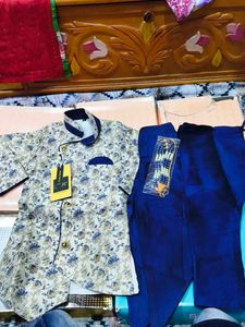 Boys Floral Print Kurta Pajama Set | Cream &amp; Royal