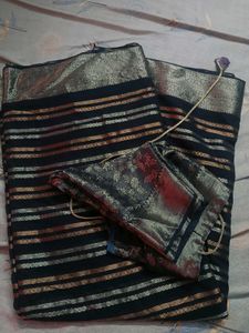 Elegant Black Saree with copper and silver Accents
