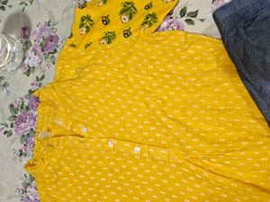 Yellow Printed Kurta with Blue Pants